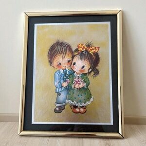 Vintage 1970s Foil Painting Big Eye Girl Boy Gold Frame